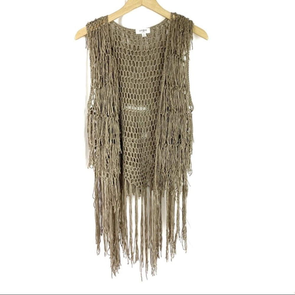 UMGEE Boho Crochet Fringe Open Vest Sleeveless Cardigan Brown Womens Size Medium